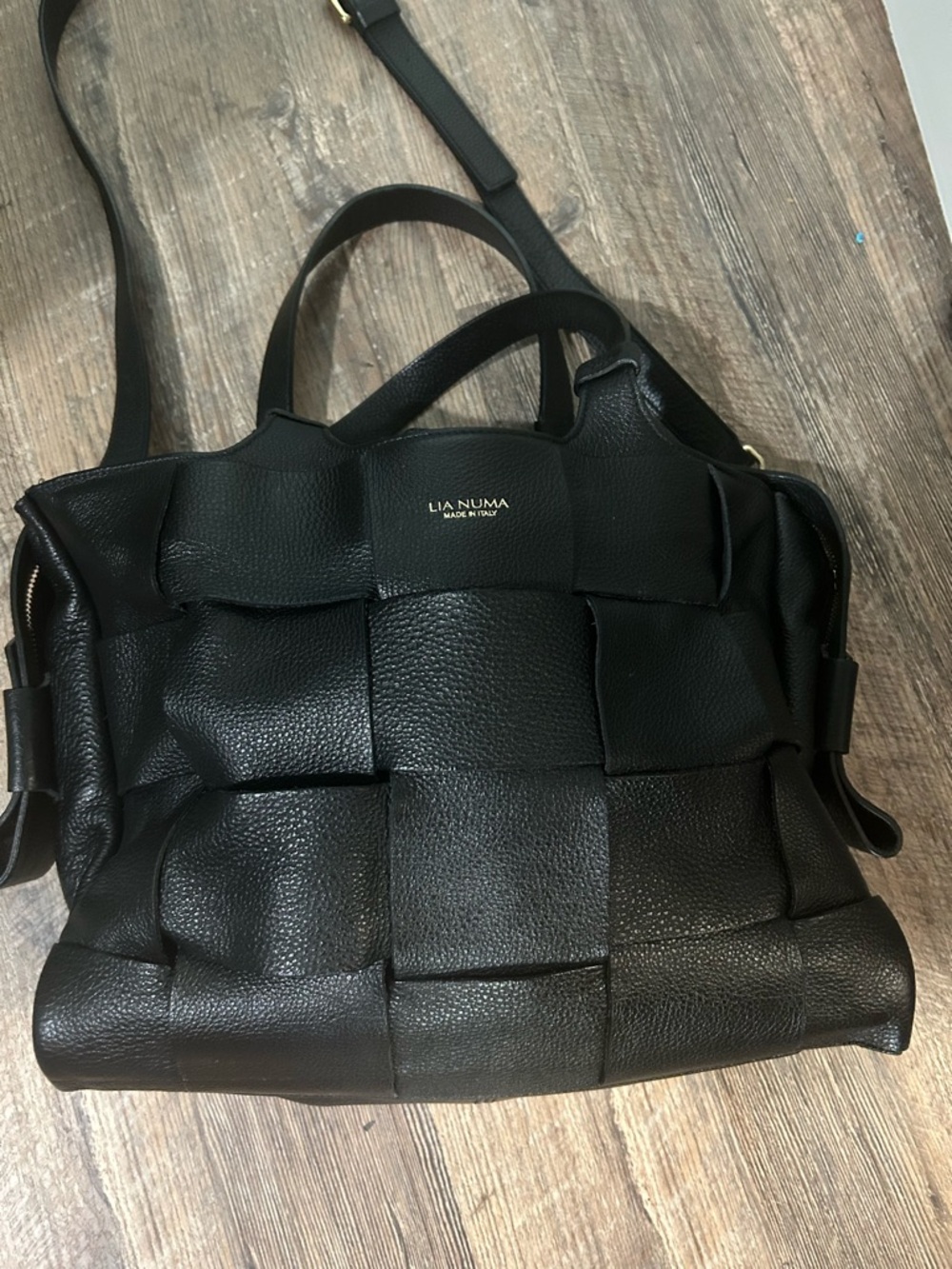 Lia Numa Black Woven Leather Crossbody Tote